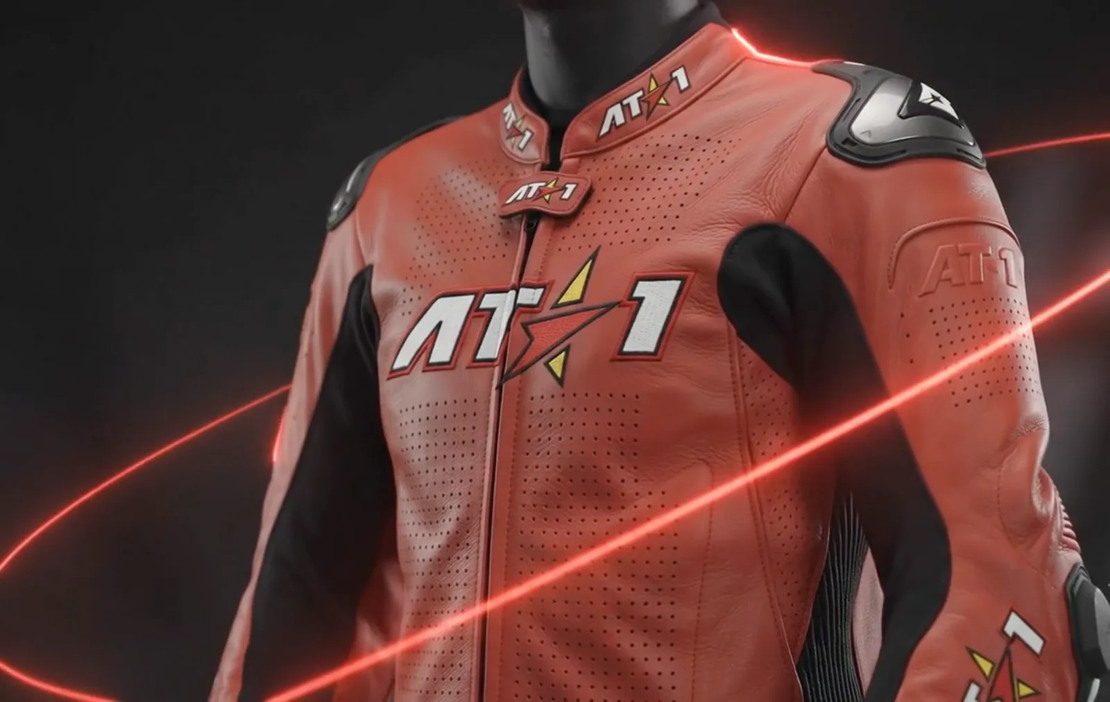 AT1 Pro race suit in red kangaroo leather with light streaks
