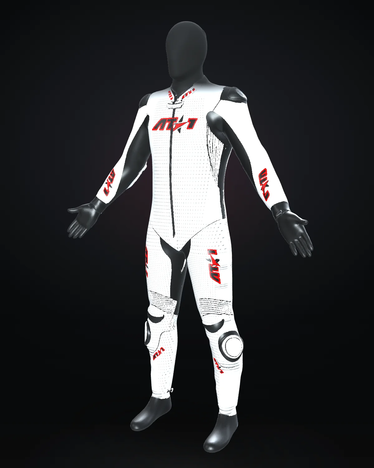 Maple custom motorcycle race suit — Studio · front three-quarter