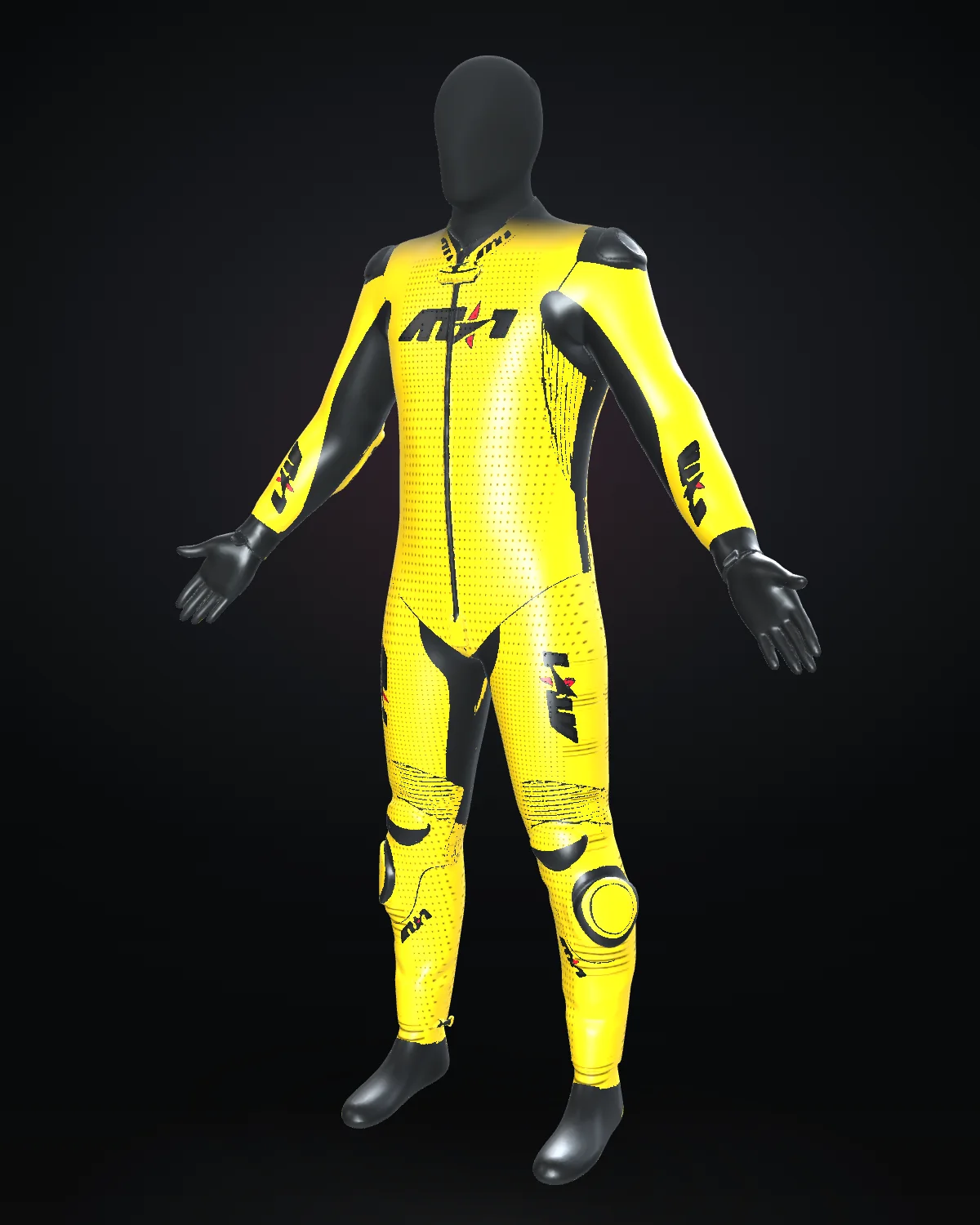 Solar Flare custom motorcycle race suit — Studio · front three-quarter