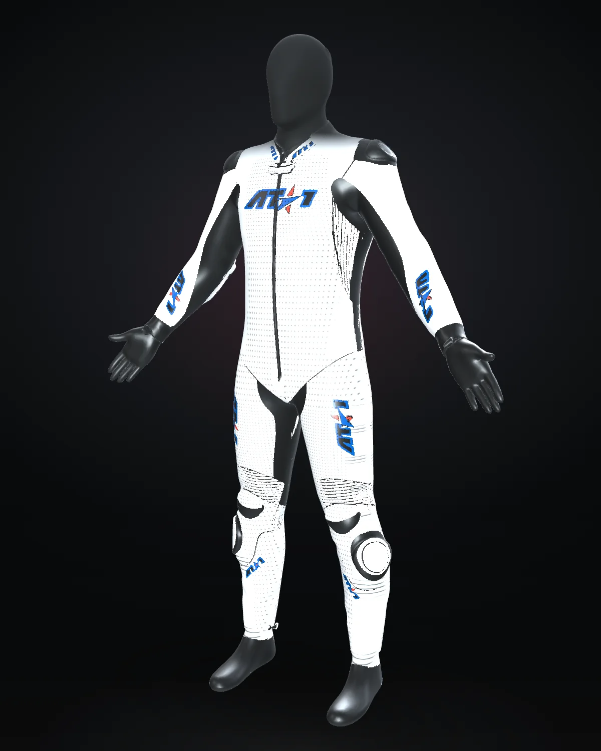 Bleu Blanc Rouge custom motorcycle race suit — Studio · front three-quarter